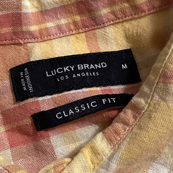 Lucky Brand Men's Classic Fit Cotton Linen Coral Yellow Plaid Button Shirt Med - Picture 7 of 8